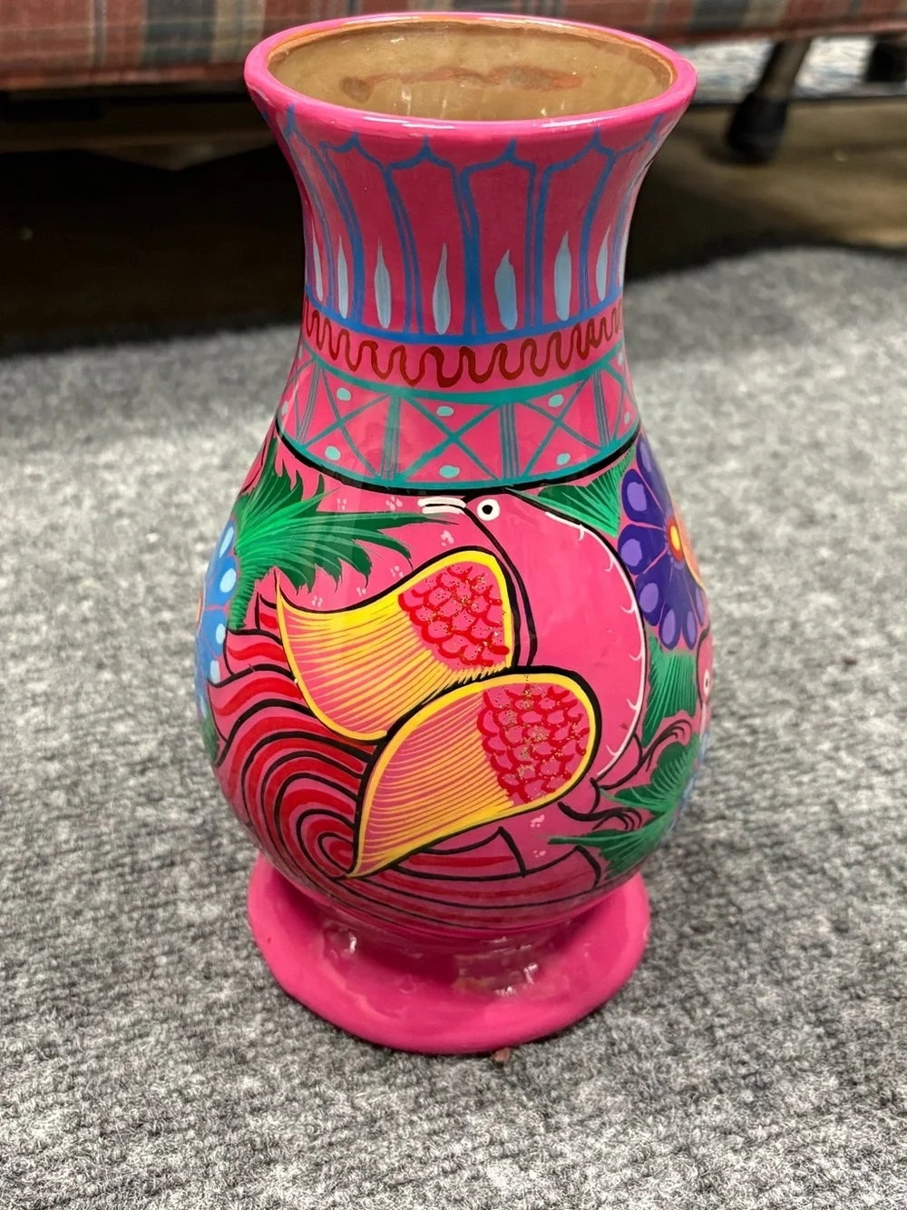 Hand Painted Pink Floral Bird Clay Folk Art Vase Made in Mexico